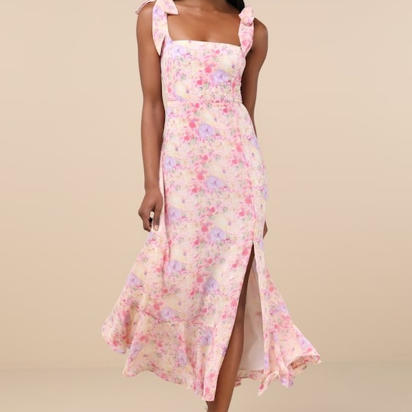 Lulus Summer Invite Pink Multi Floral Tie-strap Tiered Midi Dress - Size L - Picture 1 of 9
